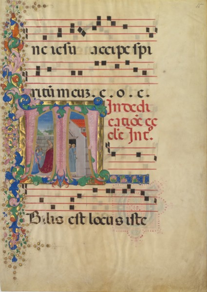 Manuscript Leaf with the Dedication of a Church in an Initial T, from a Gradual, 2nd half 15th cent. Creator: Mariano del Buono.