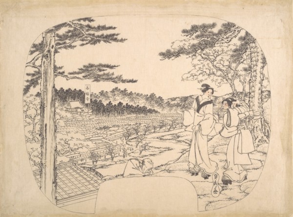 Two Women Admiring the Sights from a Vantage Point...the Zenpukuji Temple, 19th century. Creator: Sadahide Utagawa.