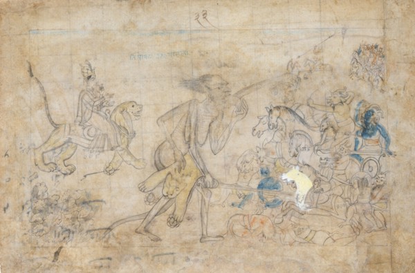 Durga and Kali Approach the Gathered Armies of Chanda and Munda..., ca. 1780. Creator: Unknown.