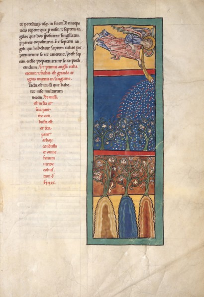 Leaf from a Beatus Manuscript: the First Angel Sounds the Trumpet..., ca. 1180. Creator: Unknown.