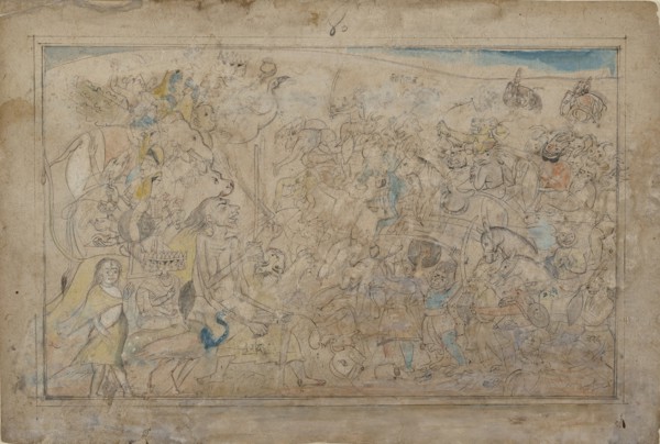 Durga, Kali, and Five Matrikas Battle the Daitya Army of the Demon Shumbha..., ca. 1780. Creator: Unknown.