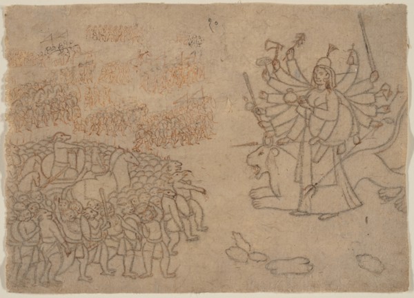 Durga Confronts the Army of the Demon Chikshura: Scene from the Devi Mahatmya , ca. 1780. Creator: Unknown.