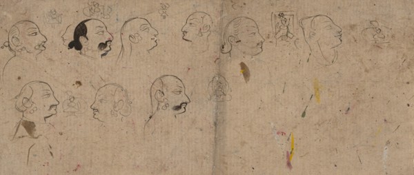 Sketch Page of Facial Studies, likely Maharao Kishor Singh, ca. 1830. Creator: Unknown.