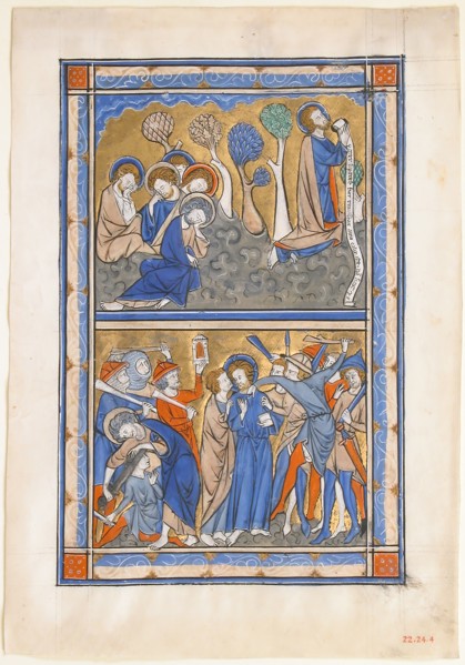 Manuscript Leaf with the Agony in the Garden and Betrayal of Christ, from a Royal Psalter, ca. 1270. Creator: Unknown.