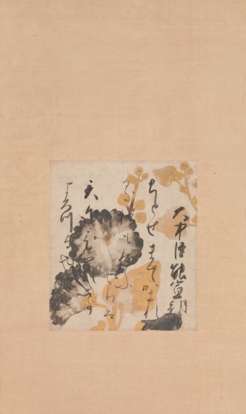Poem by Onakatomi Yoshinobu with Underpainting of Hollyhocks , early 17th century. Creators: Shokado Shojo, Unknown.