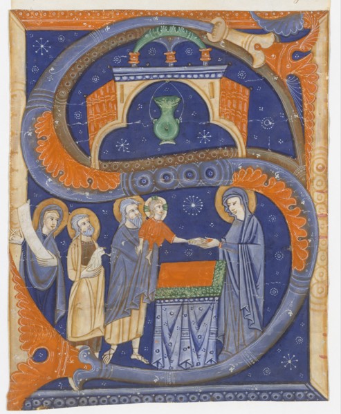 Manuscript Illumination with the Presentation of Christ in the Temple in an Initial S..., ca. 1278. Creator: Master of Bagnacavallo.