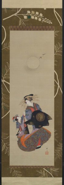 Beauty of the Yoshiwara with Apprentice in Moonlight, 19th century. Creator: Hokuba.