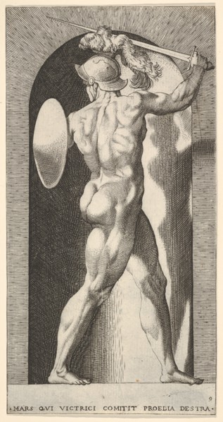 Plate 9: Mars in a niche, holding a sword above his head with his right arm, and a shield ..., 1526. Creator: Giovanni Jacopo Caraglio.