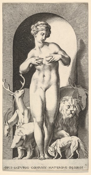 Plate 2: Ops standing in a niche with her hands at her breasts, looking to her left, with ..., 1526. Creator: Giovanni Jacopo Caraglio.