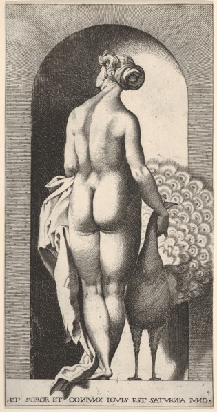 Plate 4: Juno standing in a niche, viewed from behind, stroking a peacock to her right, fr..., 1526. Creator: Giovanni Jacopo Caraglio.
