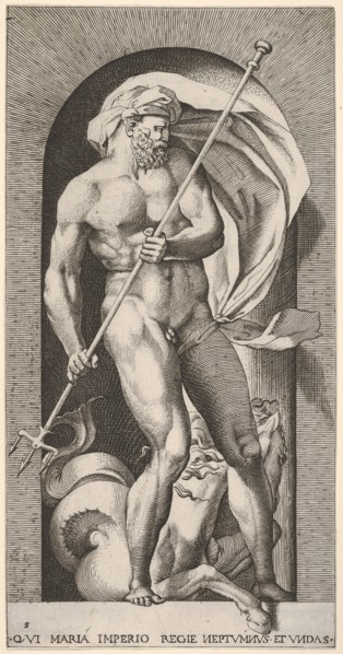 Plate 5: Neptune standing in a niche holding a trident, with a hippocampus