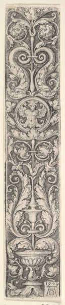 Vertical Panel with a Candelabrum Containing a Medallion with a Centaur and a Pair of Dolp..., 1529. Creator: Heinrich Aldegrever.