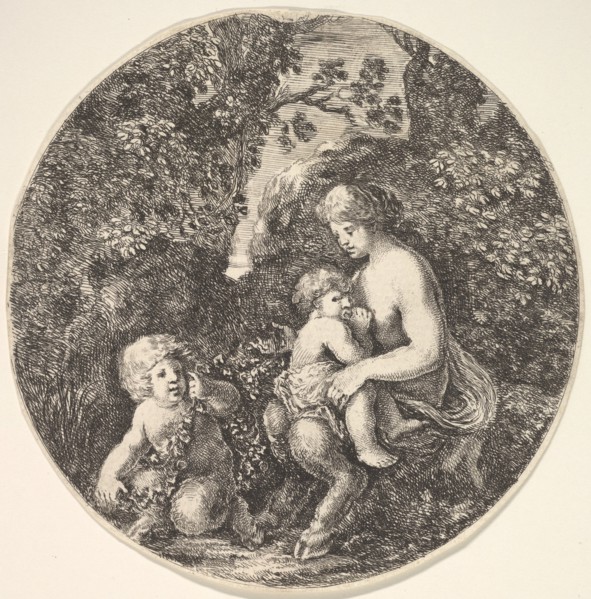A female satyr breastfeeding an child to the right, turned towards the left, a satyr child..., 1639. Creator: Stefano della Bella.