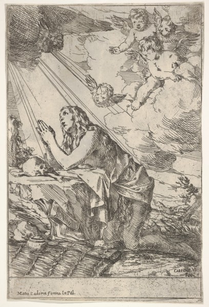 Penitent Magdalen kneeling on a rocky ground before a skull and bones, an ointment ..., ca. 1640-55. Creator: Giulio Carpioni.