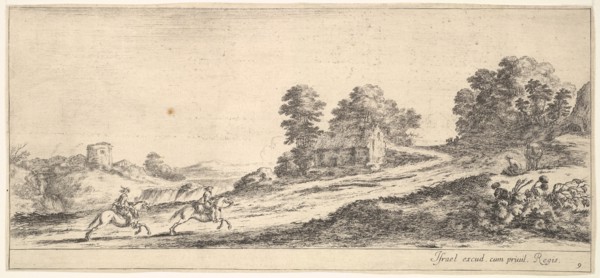 Plate 9: two horsemen at left galloping uphill towards the right, a horse and seated m..., ca. 1641. Creator: Stefano della Bella.