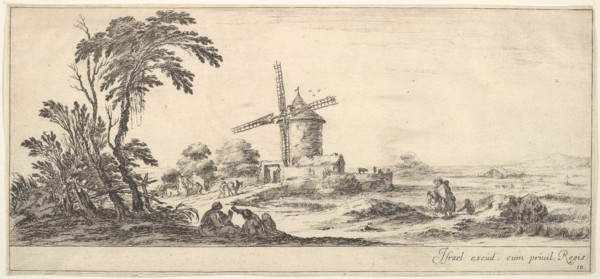 Plate 10: a family in center foreground, various figures and horses in middleground, a..., ca. 1641. Creator: Stefano della Bella.