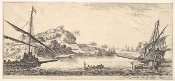 Plate 8: A the bow of a galley at left and another galley at right, seen from behind..., ca. 1641. Creator: Stefano della Bella.