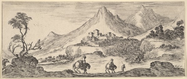 Two horseman descend a hill in center, following another man on foot, a castle in the ..., ca. 1641. Creator: Stefano della Bella.