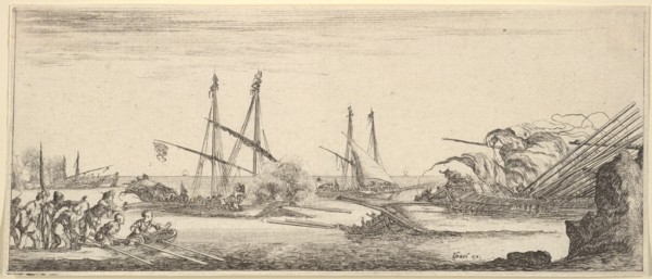 A naval battle, a rowboat full of men to left, a sinking ship to right, two galleys ba..., ca. 1641. Creator: Stefano della Bella.