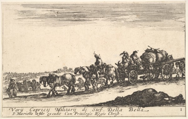 Plate 1: A horse drawn cart carrying people and goods, dead horse in the foreground, f..., ca. 1641. Creator: Stefano della Bella.