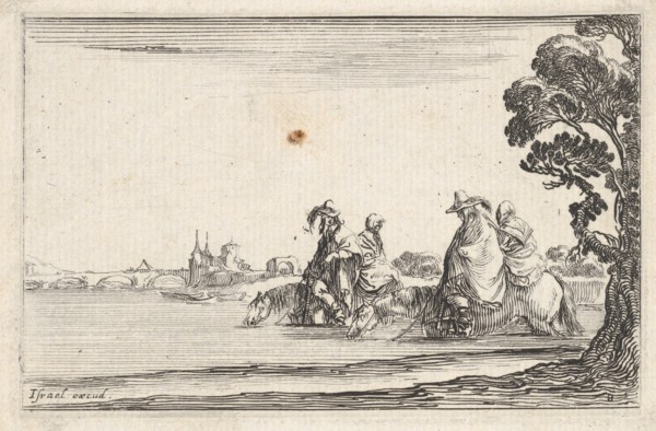 Plate 8: two horsemen in hats at right, each with a woman seated behind them, riding t..., ca. 1642. Creator: Stefano della Bella.