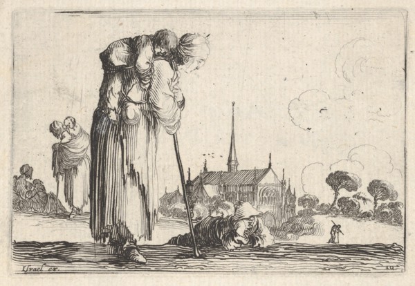 Plate 10: a peasant woman turned towards the right with a child on her back, a boy lyi..., ca. 1642. Creator: Stefano della Bella.