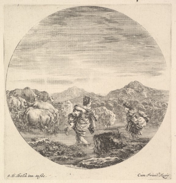 A woman carrying a child in center, seen from behind, another woman to right, facin..., ca. 1643-48. Creator: Stefano della Bella.