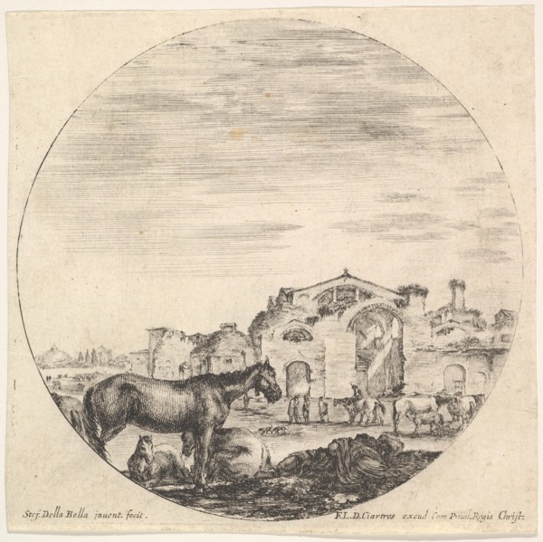 Plate 12: a shepherd sleeping on the ground to right, three horses to left, other h..., ca. 1643-48. Creator: Stefano della Bella.