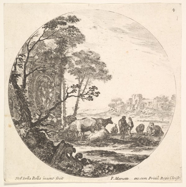 Plate 4: a Corinthian capital on the ground to left in the foreground, a monument w..., ca. 1643-48. Creator: Stefano della Bella.