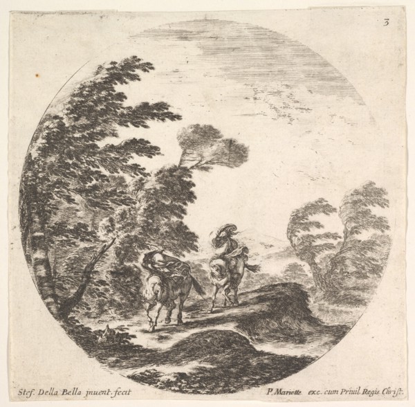 Plate 3: a gale in the forest, two horsemen wrapped in their cloaks, the wind is bl..., ca. 1643-48. Creator: Stefano della Bella.