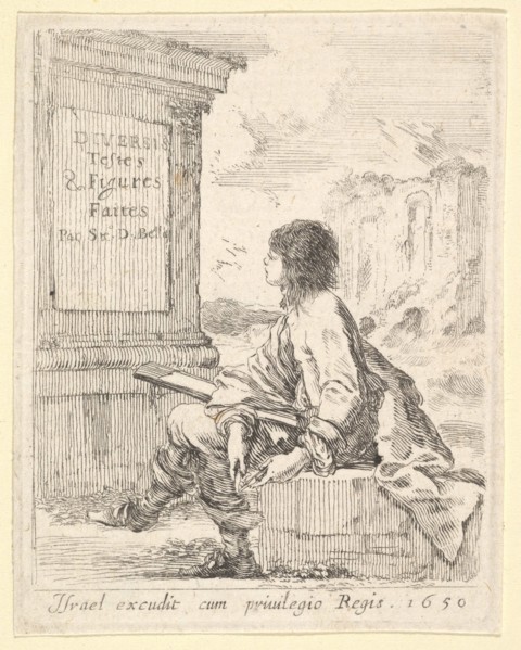 Plate 1: a young man sitting on a stone, facing left in profile, holding a drawing pad in ..., 1650. Creator: Stefano della Bella.