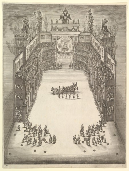 Theater at Modena, seen from above and filled with spectators, with a triumphal car at cen..., 1652. Creator: Stefano della Bella.