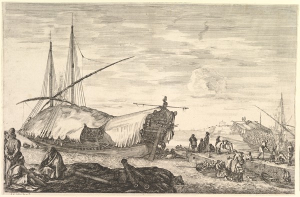 A galley covered in sails to left, six cannons and four people to left in foregroun..., ca. 1652-57. Creator: Stefano della Bella.