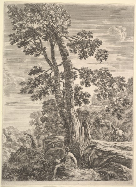 A fisherman at center facing left and leaning against a large tree, a woman walking..., ca. 1652-57. Creator: Stefano della Bella.