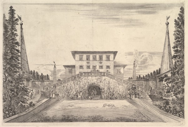 The villa at center flanked by four obelisks, a staircase to either side, a statue in ..., ca. 1653. Creator: Stefano della Bella.