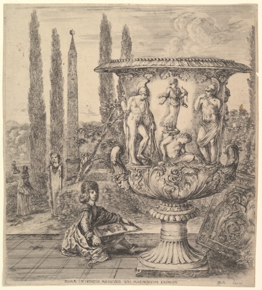 The Medici vase, a large vase to right decorated with a representation of the sacrifice of..., 1656. Creator: Stefano della Bella.