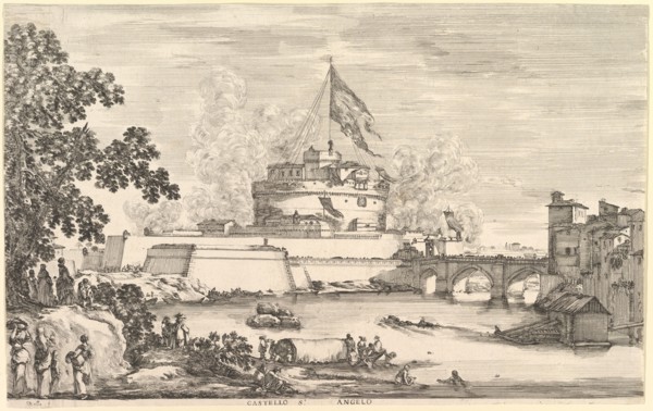 View of the Tiber river, a large tree to left, two groups of women to left in the fore..., ca. 1656. Creator: Stefano della Bella.