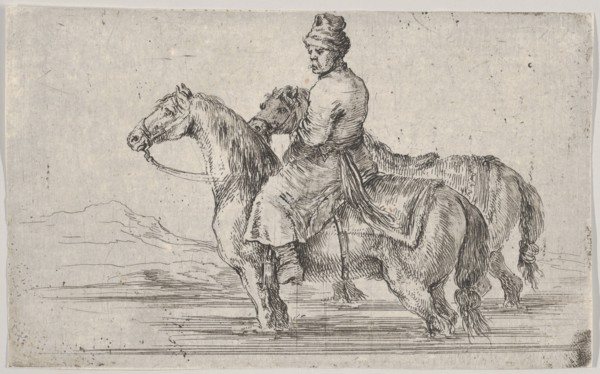 A valet taking two horses to bathe, sitting atop one horse in a river, the other besid..., ca. 1662. Creator: Stefano della Bella.