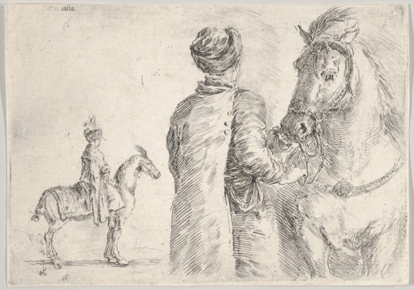 A Polish valet, seen from behind, holding the bridle of a horse to right, a Polish hor..., ca. 1662. Creator: Stefano della Bella.