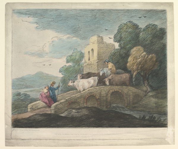 Wooded Landscape with Herdsmen Driving Cattle over a Bridge, Rustic Lovers and Ruined Castle, 1797. Creator: Thomas Gainsborough.