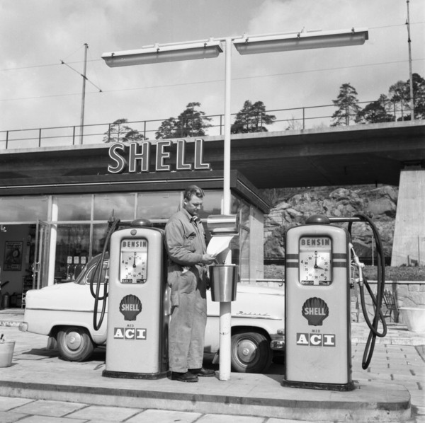 Shell gas station in the Stockholm area, Sweden, 1957. Creator: Unknown.