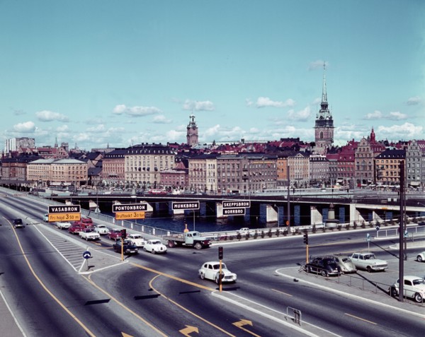 Left traffic over Vasabron, Sweden; with view towards Kornhamnstorg, Stockholm, 1960s. Creator: Unknown.