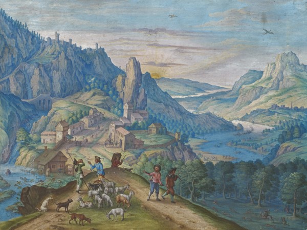 Mountain landscape at nightfall with river valley and figures, 1640. Creator: Besserer, Johann Jacob