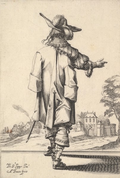 A gentleman, seen from behind, with his right arm outstretched and a cloak over his left s..., 1629. Creator: Abraham Bosse.
