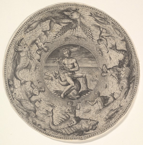 Arion on a Dolphin surrounded by a Border decorated with Sea Creatures, from a Set of..., 1580-1600. Creator: Adriaen Collaert.
