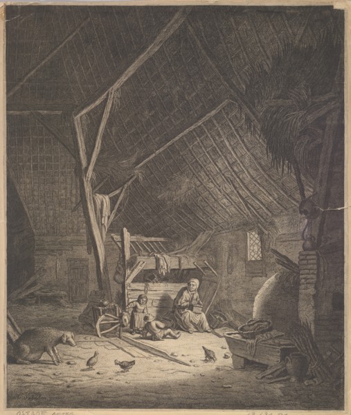Interior of a Barn with Mother and Two Children, Right in Front a Pig