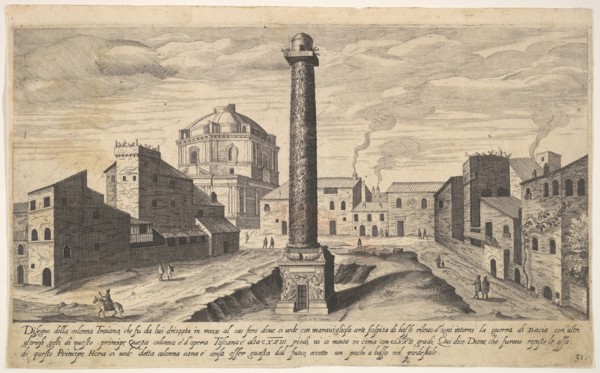Plate 31: view of the column of Trajan, shown with its pedestal dug out from the earth, su..., 1606. Creator: Aegidius Sadeler II.