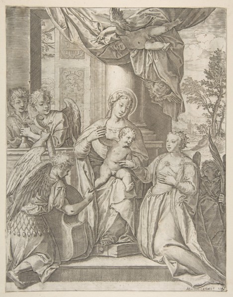 The mystic marriage of Saint Catherine who sits at center with the Christ child, angels wi..., 1585. Creator: Agostino Carracci.