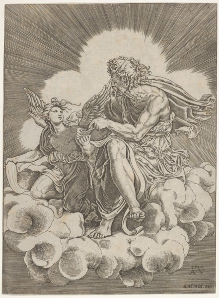St. Matthew, seated on a cloud and dipping a quill into an inkwell held by an angel..., ca. 1518-20. Creator: Agostino Veneziano.