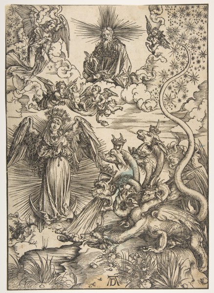 The Apocalyptic Woman, from The Apocalypse, Latin Edition, 1511, 1511. Creator: Albrecht Durer.
